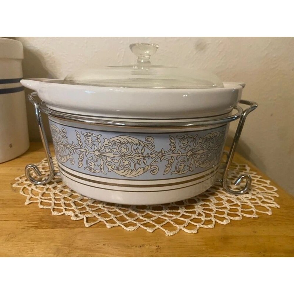 Elegant Blue & Gold Filigree Ceramic Buffet Server Casserole Chafing Dish Set